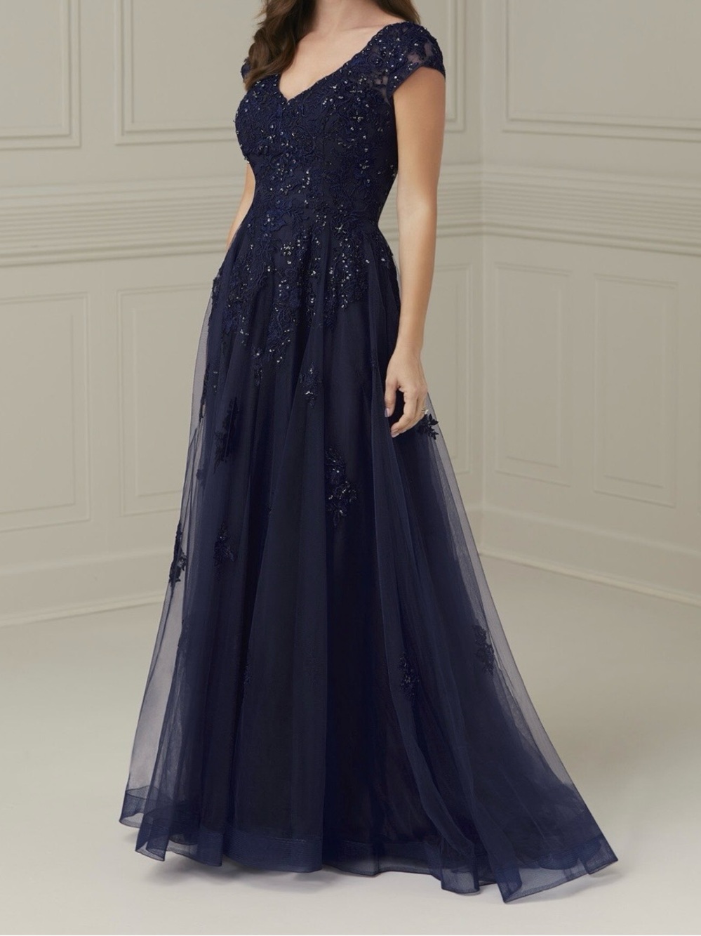 Christina Wu Navy Beaded Cap-Sleeve Maxi Gown